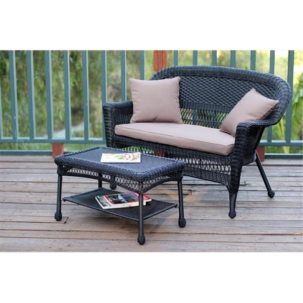 Jeco Black Wicker Patio Love Seat And Coffee Table Set With Brown Cushion W00207-LCS007